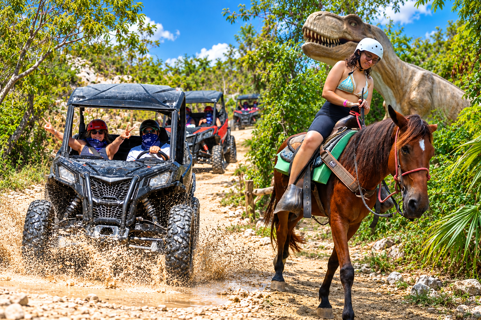 Polaris 4x4 and horseback riding with dinosaur statue in Punta Cana